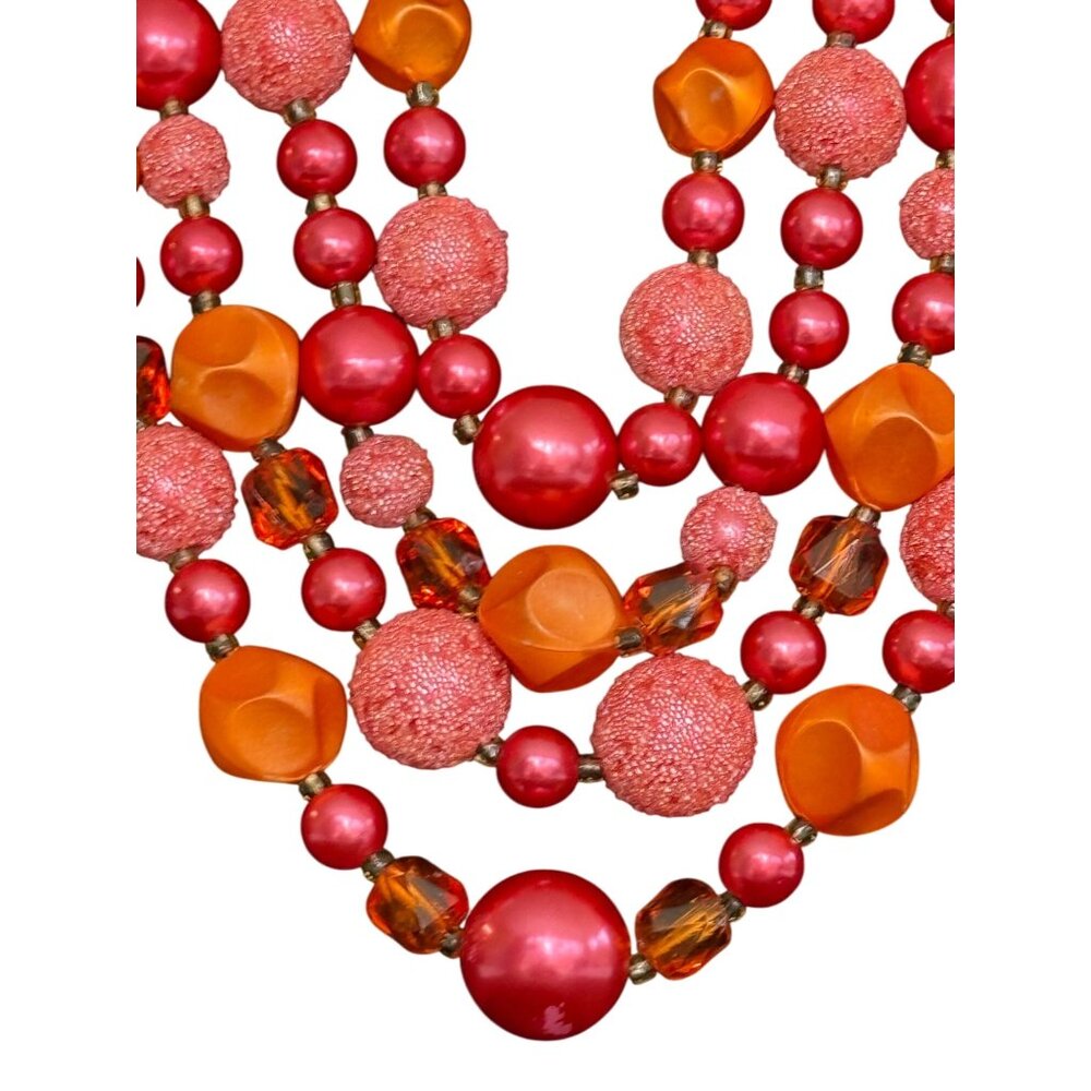 VTG JAPAN Necklace Earrings Set 4-Strand Pink Orange Sugar Bead Clip-On - Picture 2 of 10